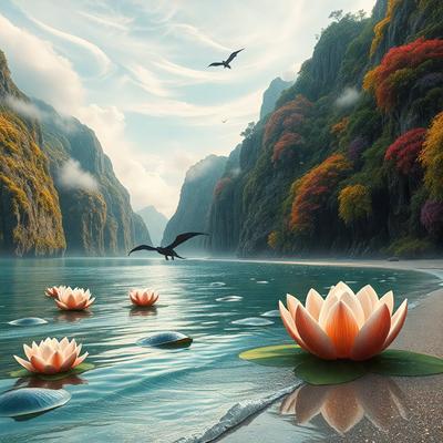 The primary subject of the image is a group of flowers floating on the water. The setting is a serene lake with mountains in the background. The visual style is a combination of photo and digital art, creating a realistic yet artistic representation of the scene. The colors and mood are predominantly warm and calming, with the flowers and water providing a sense of tranquility.